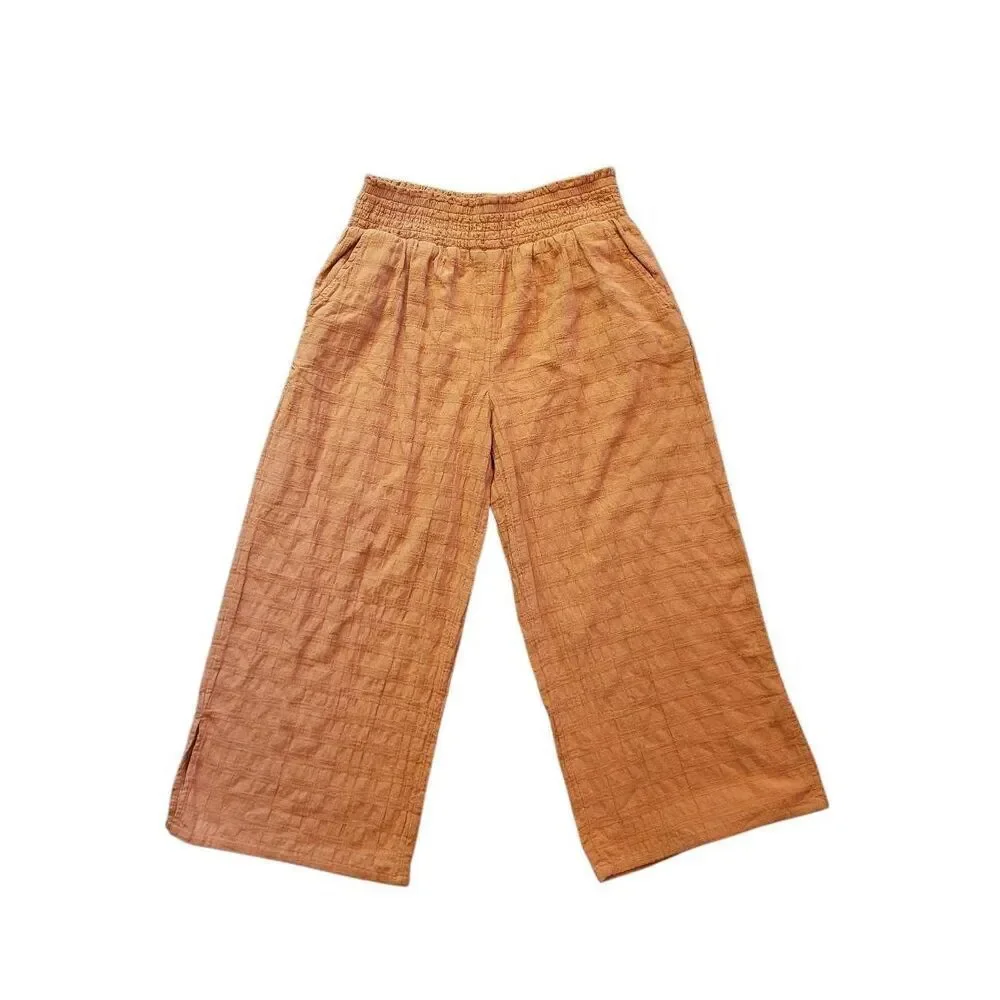 Aerie Pants Women's Medium Orange Wide Leg Cropped Smocked Boho Beach Check